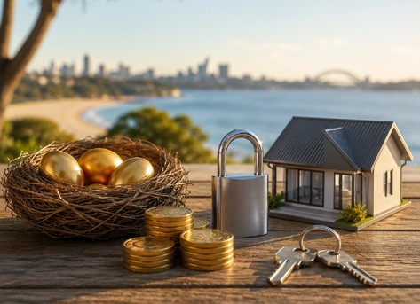 An illustration of a house, coins and retirement savings