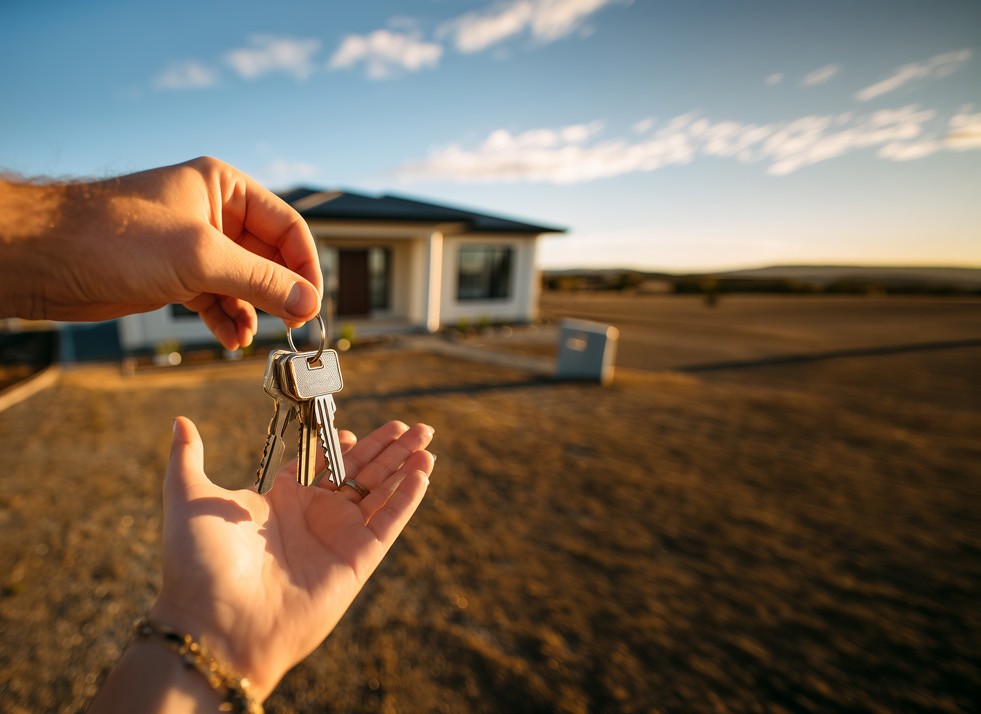 Keys being handed over in front of a house