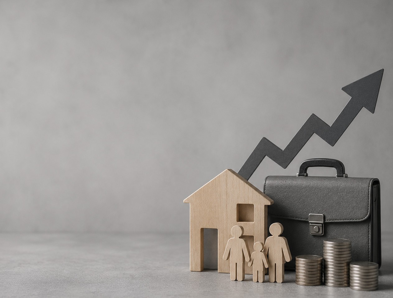 An illustration of a family, house and business finances
