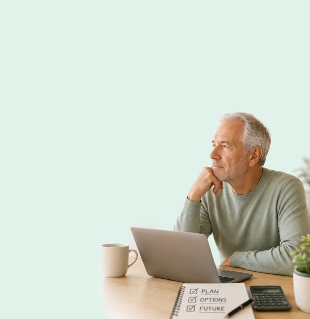 An older man considering paperwork at a table