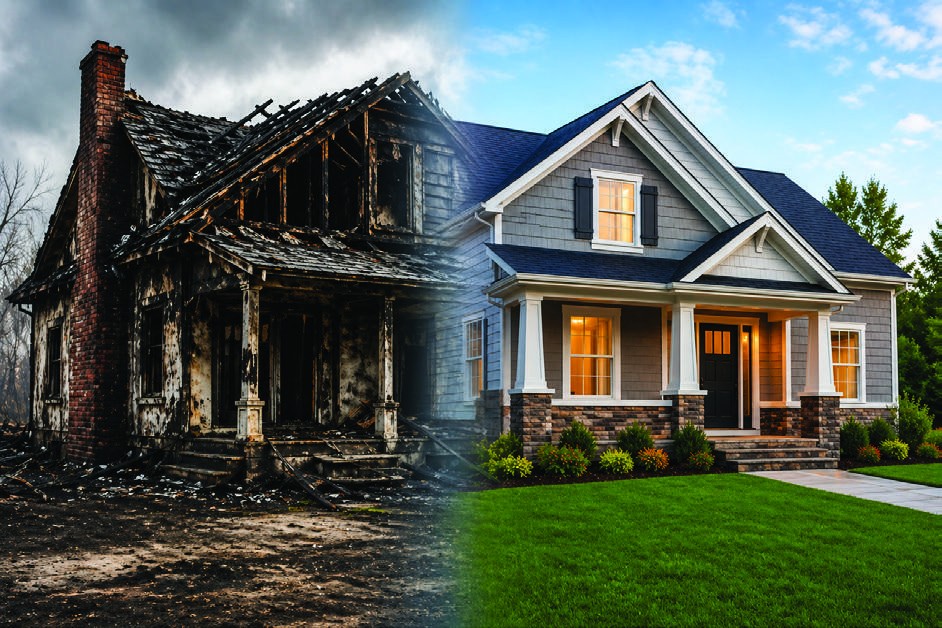An illustration contrasting a damaged house with a restored house