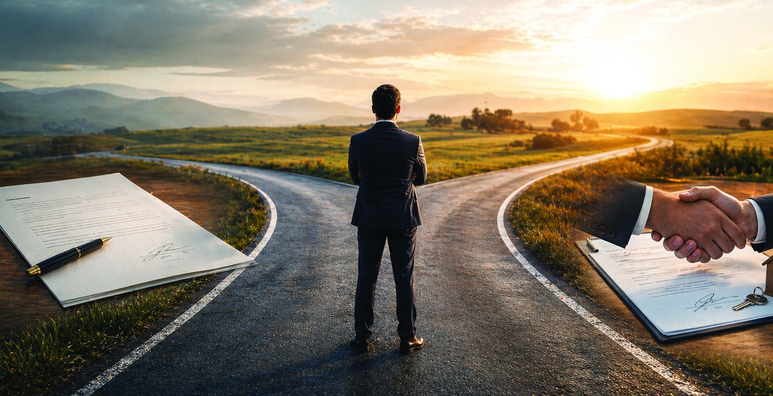 An illustration of a person considering different paths and a contract